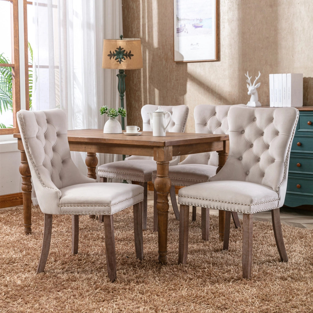 Sedie da Pranzo Imbottite in Velluto con Gambe in Legno ¨C MINIMAL ¨C Set 2 Pezzi, Beige