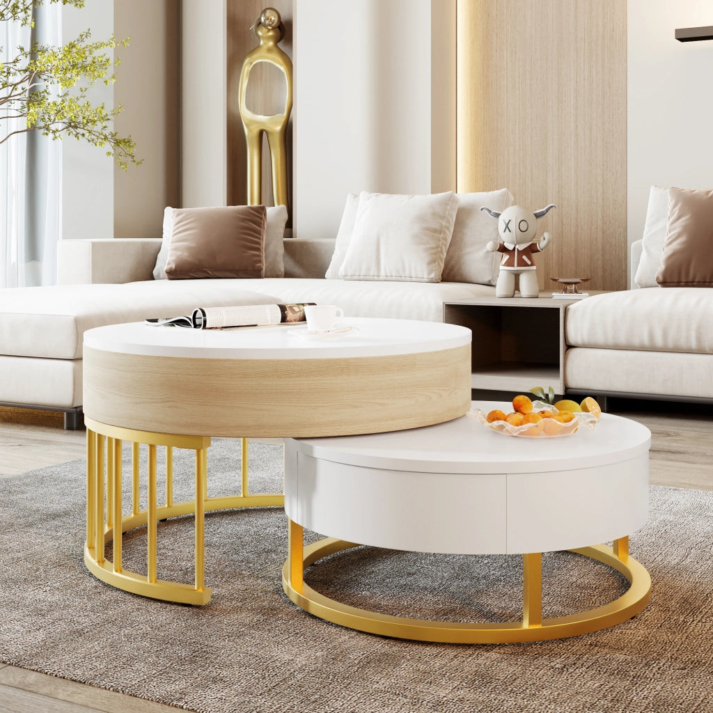 Tavolino da salotto 70x70x56 cm; 60x60x27 cm; piano sollevabile con cassetto; MDF; bianco