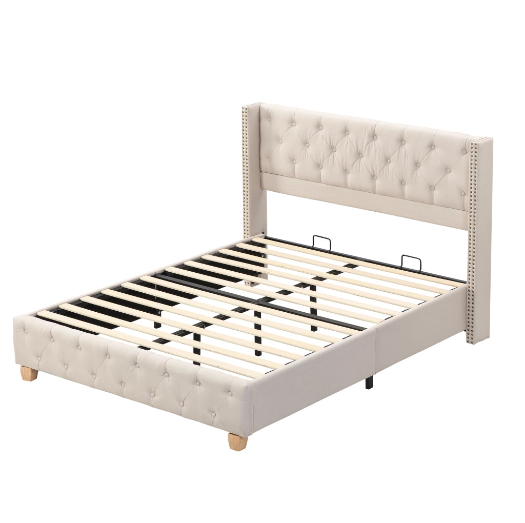 Letto matrimoniale imbottito 160x200 cm in lino beige con testiera capitonné e doghe