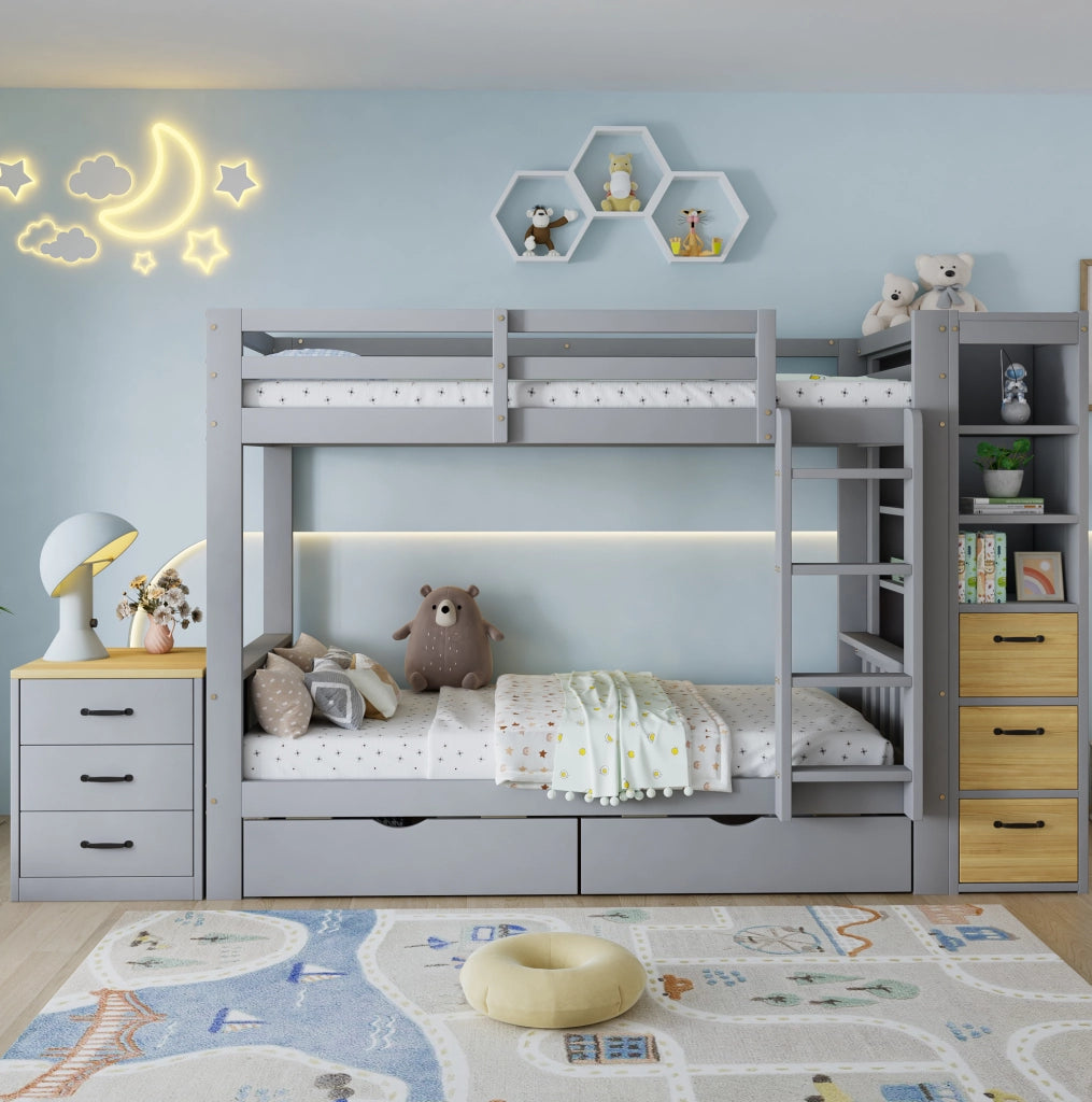 Letto a castello grigio in legno 90x200 cm con cassetti, scaletta e comodino mobile