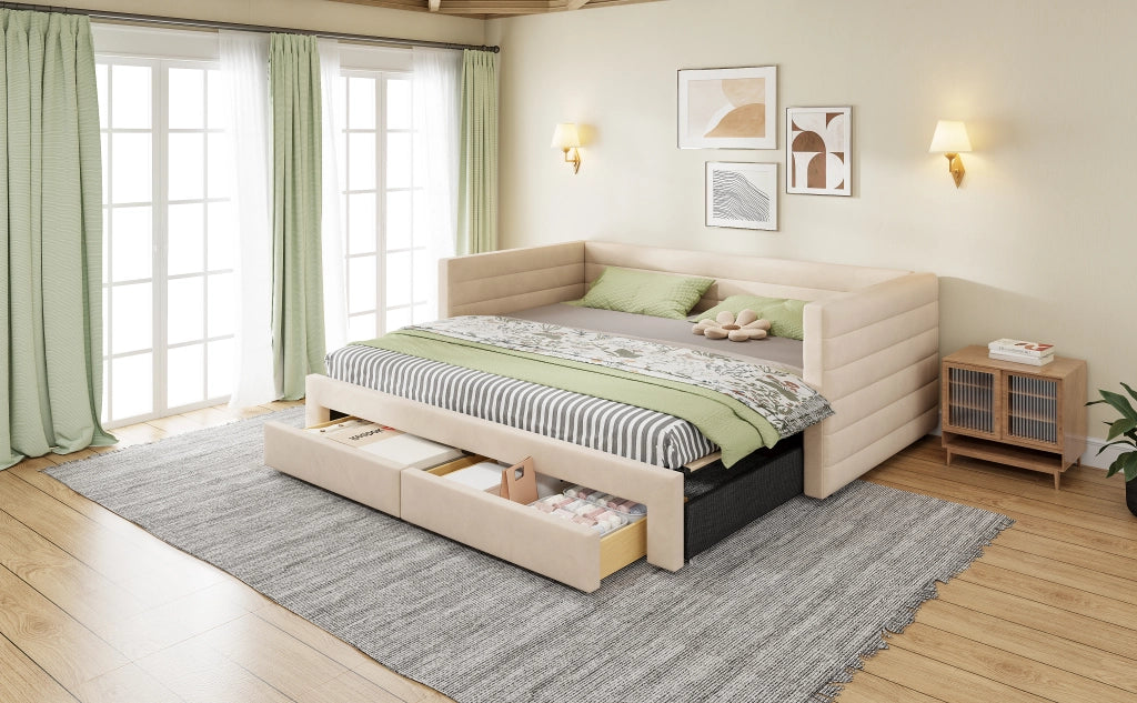 Divano letto estraibile con 2 cassetti e funzione letto in cotone e lino beige 90 × 190 cm