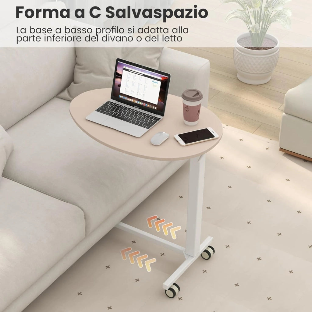 Tavolino da Letto e Divano per PC, Tavolino Regolabile in Altezza con Ruote Bloccabili e Piano Ovale, Tavolo per Mangiare e Lavorare, 76 x 50 x 74-108 cm