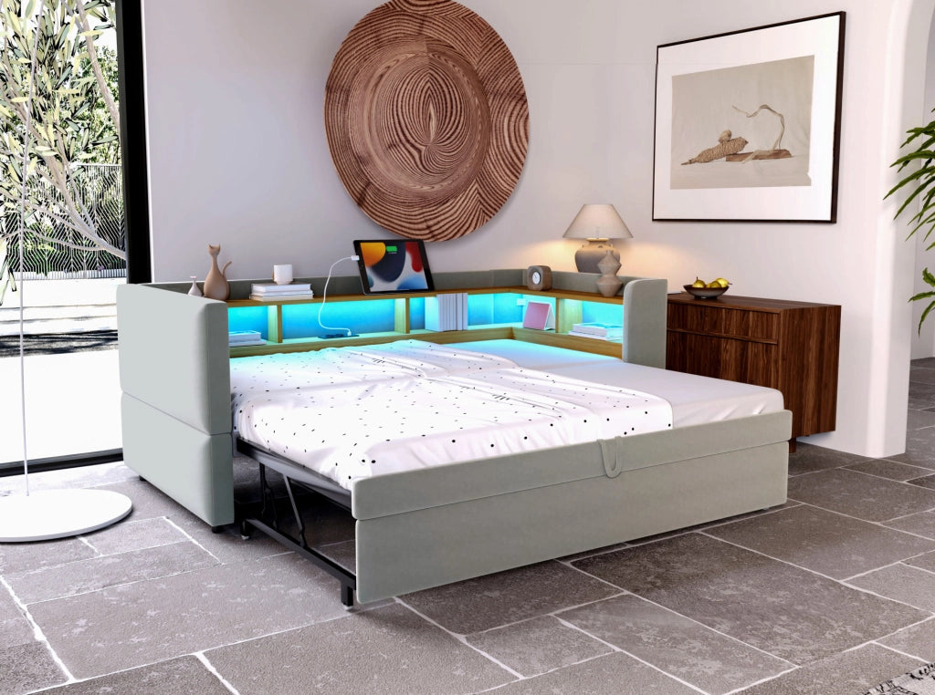 Divano Letto Imbottito Estraibile 90/180x190 cm con LED, Prese Elettriche e Numerosi Ripiani, Grigio Chiaro