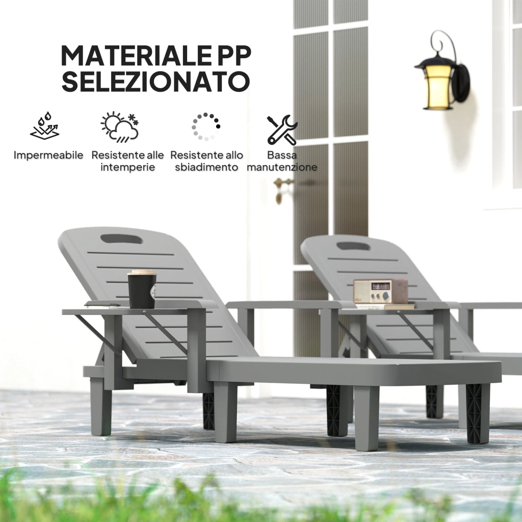 Set 2 Sdraio da Giardino Regolabili 79x158x88 cm con Tavolino e Braccioli in Polipropilene Grigio Scuro