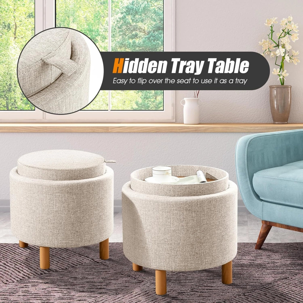 Pouf con Spazio di Archiviazione, Poggiapiedi Rotondo con Vassoio Reversibile e Spazio di Stoccaggio Nascosto, Pouf Imbottito Multifunzionale per Camera da Letto, Soggiorno, Ufficio (Grigio)