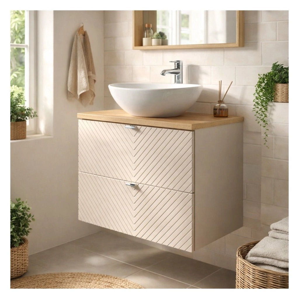 Set AOKI: mobile base con cassetti 60cm + piano lavabo in rovere + lavabo bianco rotondo da appoggio
