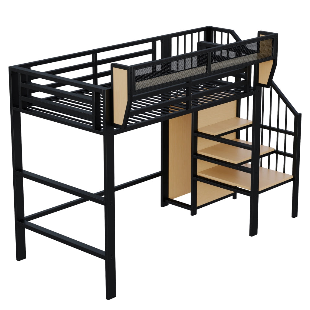 Letto a soppalco singolo 90×200 cm con scala di sicurezza e ripiano; senza materasso; metallo; nero
