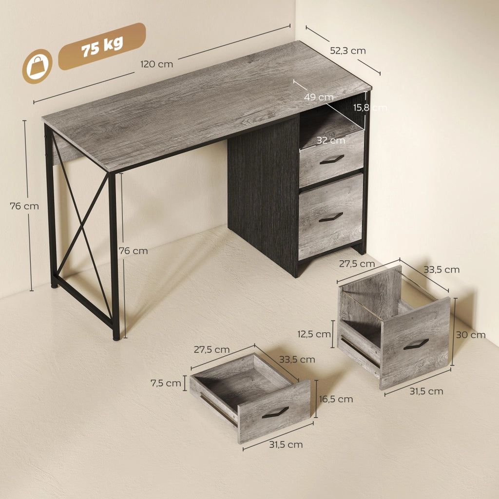 Scrivania da Ufficio con 2 Cassetti ¨C zephmum ¨C Grigio 120x50x75 cm