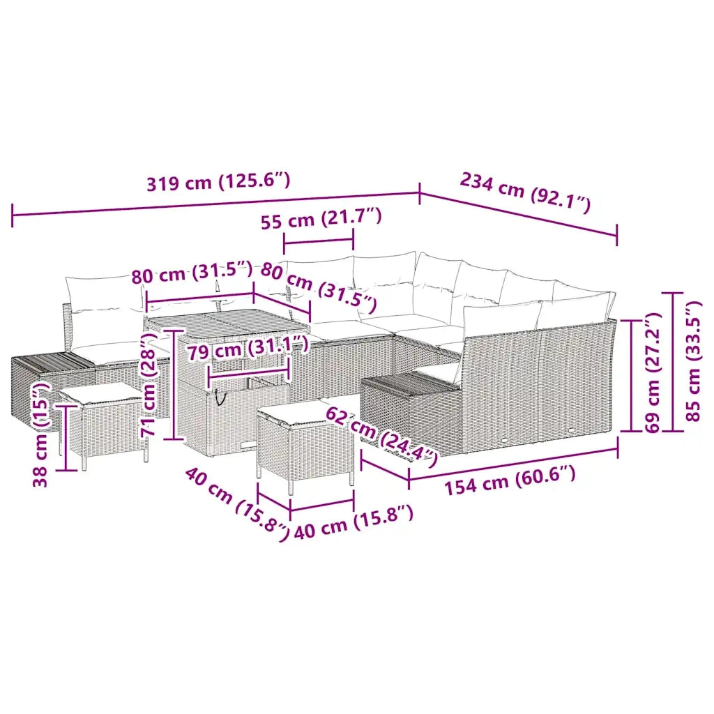 Set Divano da Giardino con cuscino 12 pcs Beige polyrattan 3362822