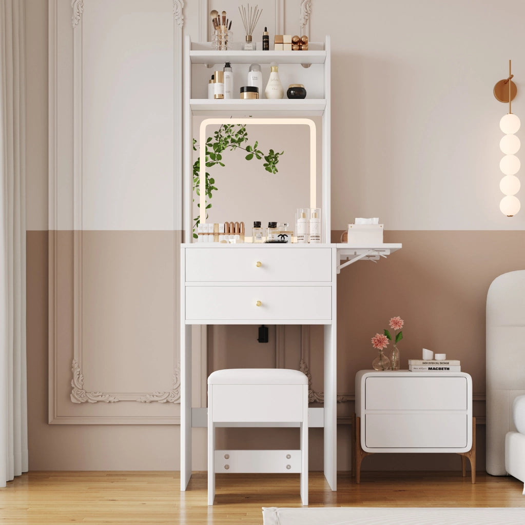 Toeletta bianca con LED regolabile, specchio e 2 cassetti