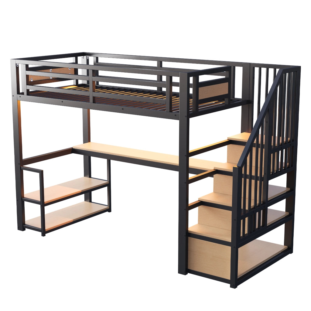 Letto a soppalco in metallo 90x200 cm con scrivania, ripiani, scala contenitore e sponde di sicurezza, nero