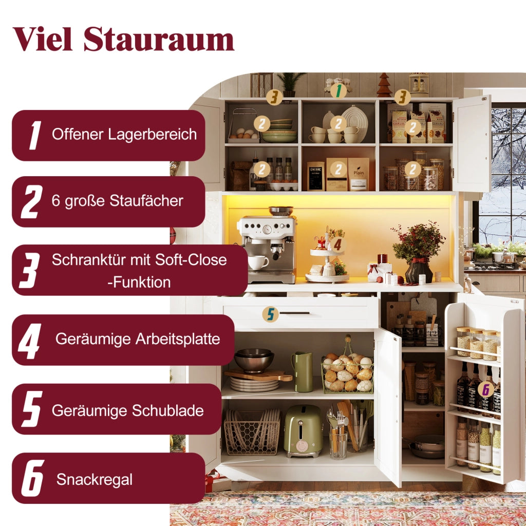 Credenza da cucina con LED e prese, bianca, 110x38x180 cm