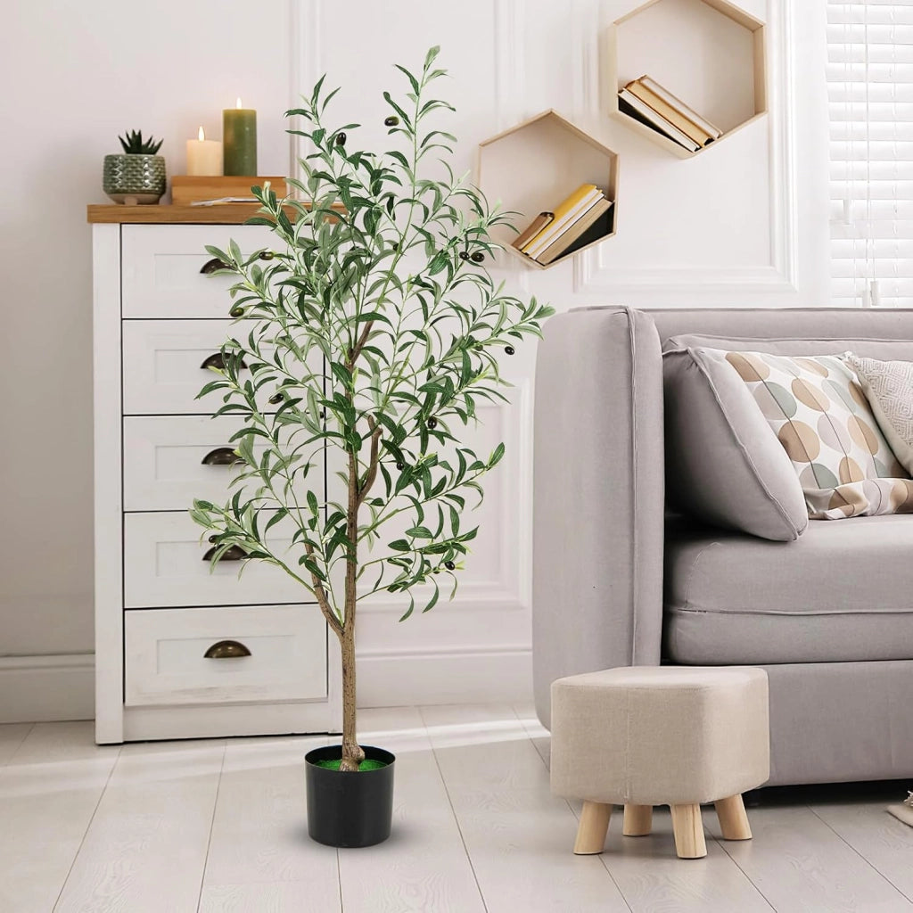 Set di 1/2 alberi di ulivo artificiali, pianta falsa da 130 cm con foglie e frutti realistici, tronco resistente in PE e base stabile, pianta decorativa per interni ed esterni (2)