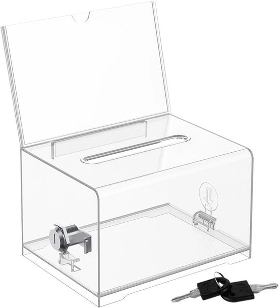 Scatola di donazione con chiusura a chiave - Bussole trasparente - Materiale acrilico - Leggero - Sostenibile - Incluso supporto da parete 16
