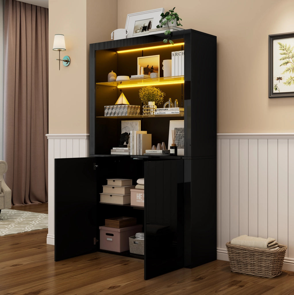 Vetrina 100x35x170 cm nera in MDF e vetro con LED， 2 ante