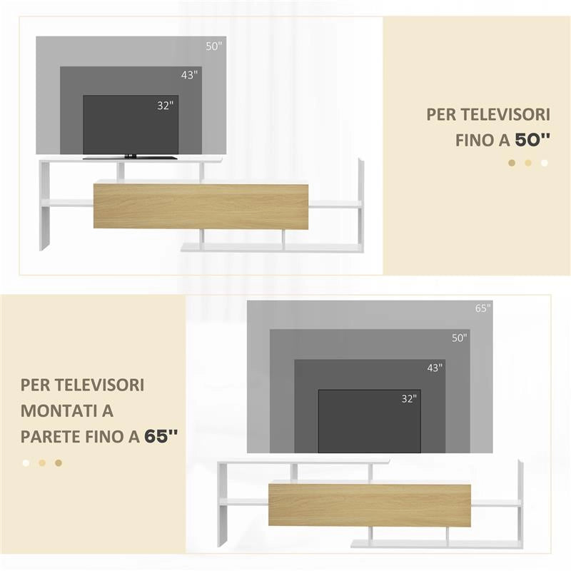 MOBILE TV CON MENSOLA A MURO, RIPIANI APERTI E ARMADIETTO IN LEGNO BIANCO E LEGNO NATURALE