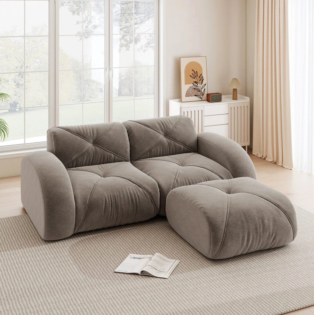 Divano modulare taupe in chenille con pouf; schiuma 32D ad alta densità