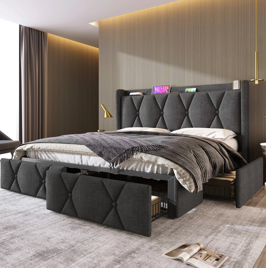 Letto contenitore 160x200 cm con USB; 4 cassetti; lino grigio