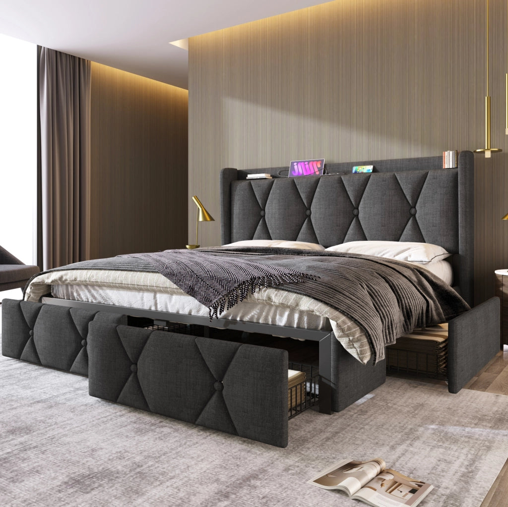 Letto contenitore 160x200 cm con USB; 4 cassetti; lino grigio