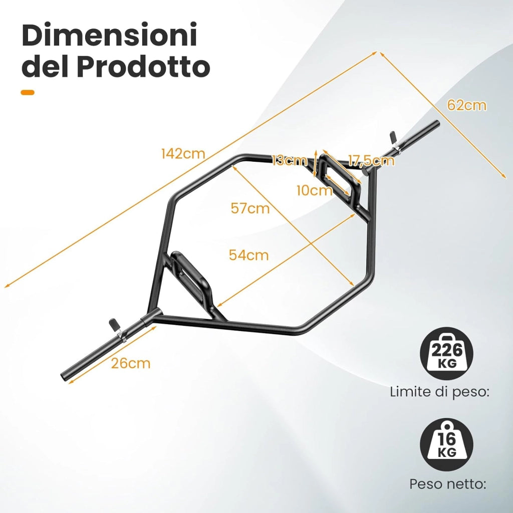 Barra della Trappola Olimpica, Olympic Hex Trap Bar in Acciaio con Maniglie Piegehvole, Barra Sollevamento Pesi, Capacità di Carico 226 kg
