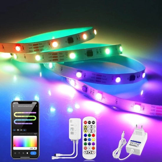 Striscia LED RGB Wi-Fi 12 V 60 LED/metro 300 LED WS2811 regolabile - controllo con Alexa App Tuya - telecomando per illuminazione decorativa festiva