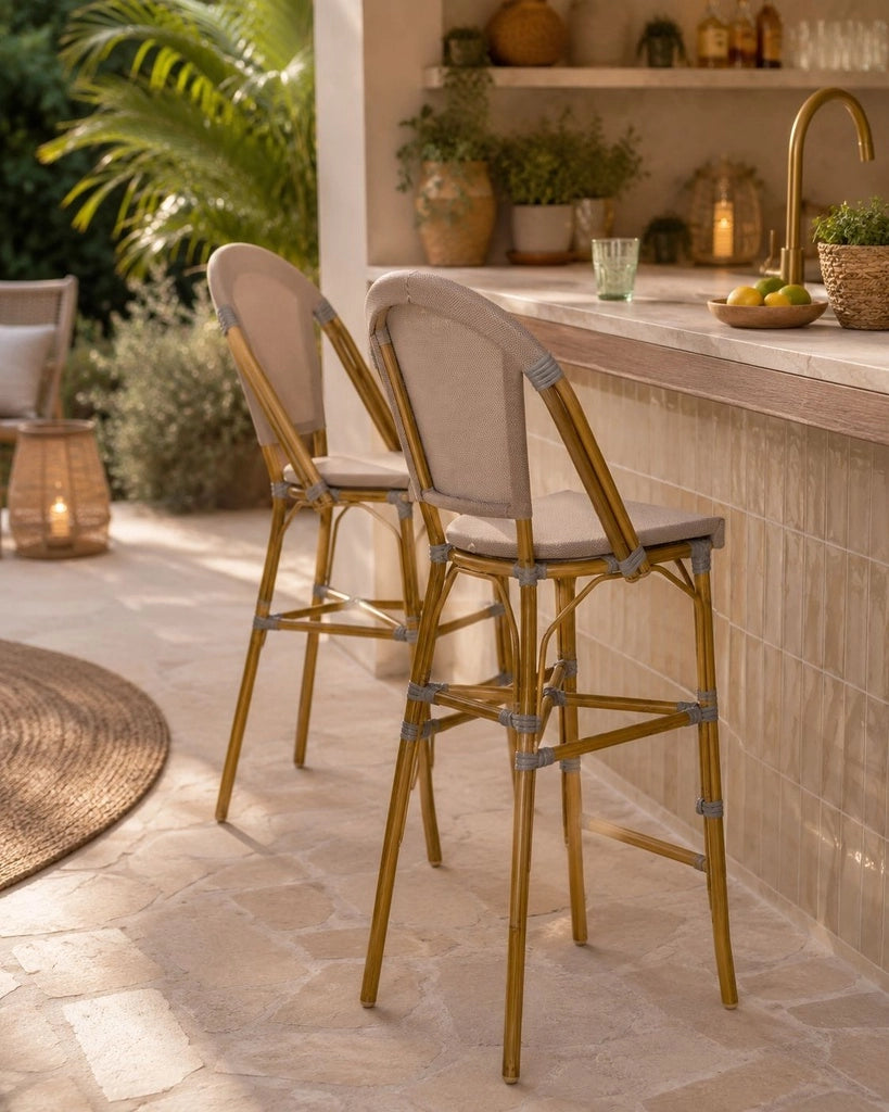Sgabello alto grigio con sgabellino in rotin, 47x56x116 cm