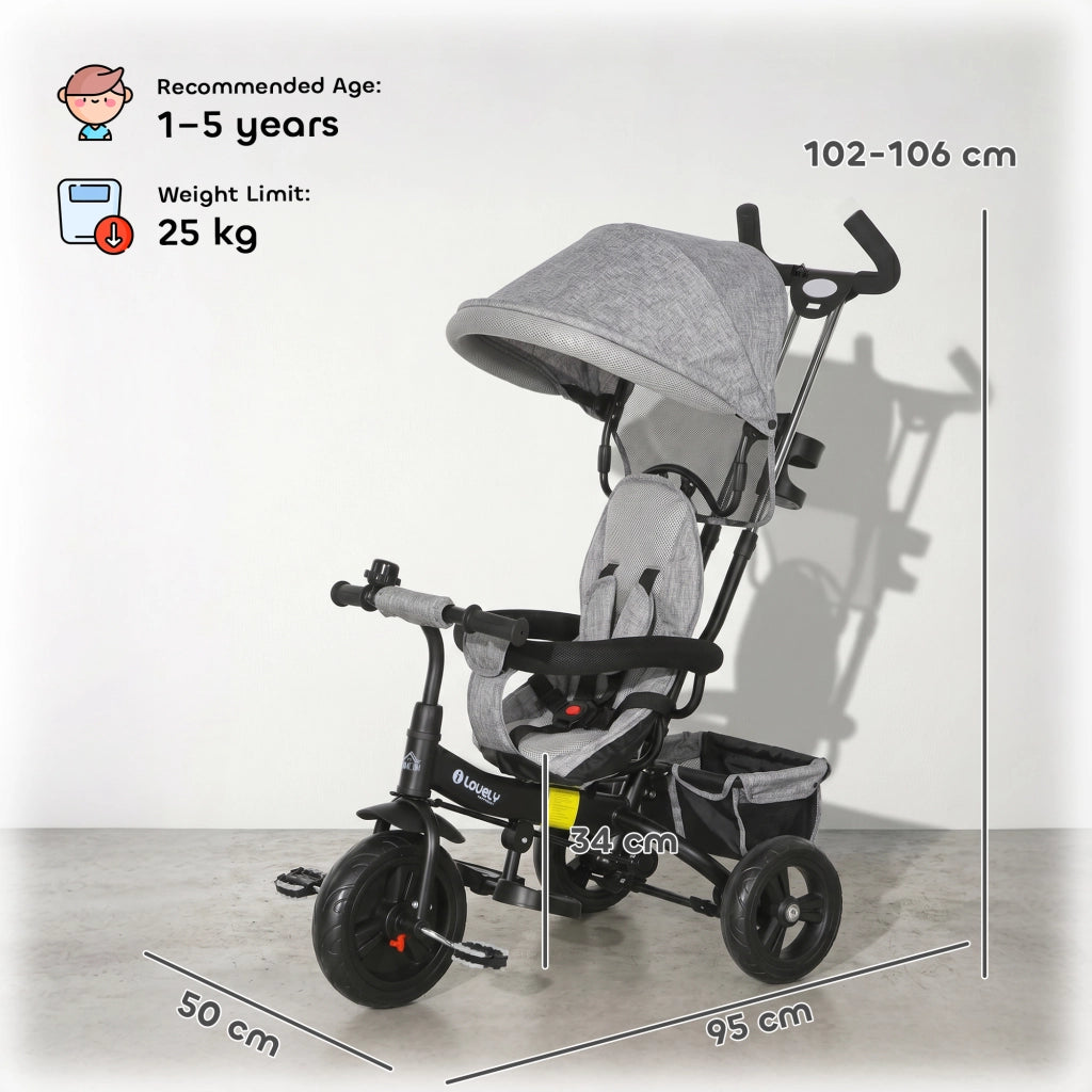 Triciclo Bambini 6 in 1 con Maniglione e Cintura di Sicurezza ¨C zephmum ¨C Grigio