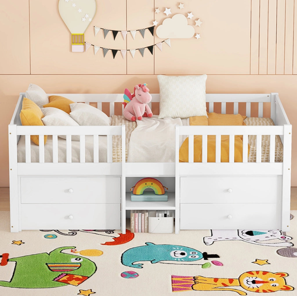 Letto a soppalco 90x200 cm con 4 cassetti; scala e barriera di sicurezza