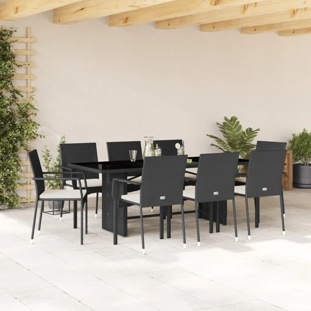 Set da Pranzo da Giardino 9 pz con Cuscini Nero in Polyrattan