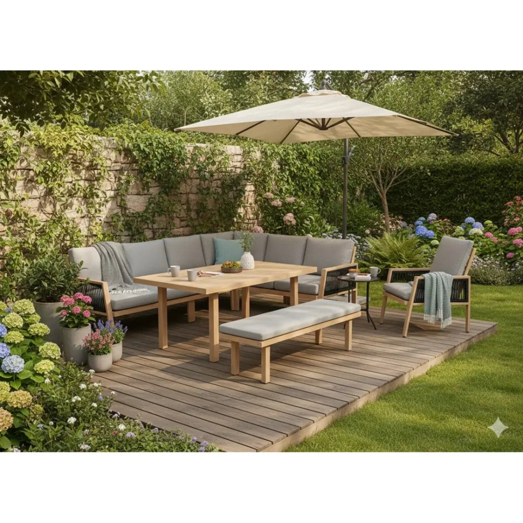 Salotto da giardino ad angolo 8 posti in alluminio marrone con panca e tavolino basso – ALUMA