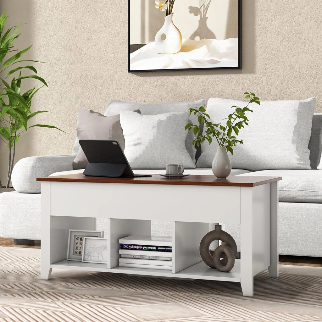 Tavolino da Caffè di Legno con Superficie Sollevabile, Tavolino Rettangolare da Divano con 3 Mensole Aperte, Mobile Multifunzionale per Salone e Ufficio, 104,5 x 49 x 62,5 cm (Bianco)