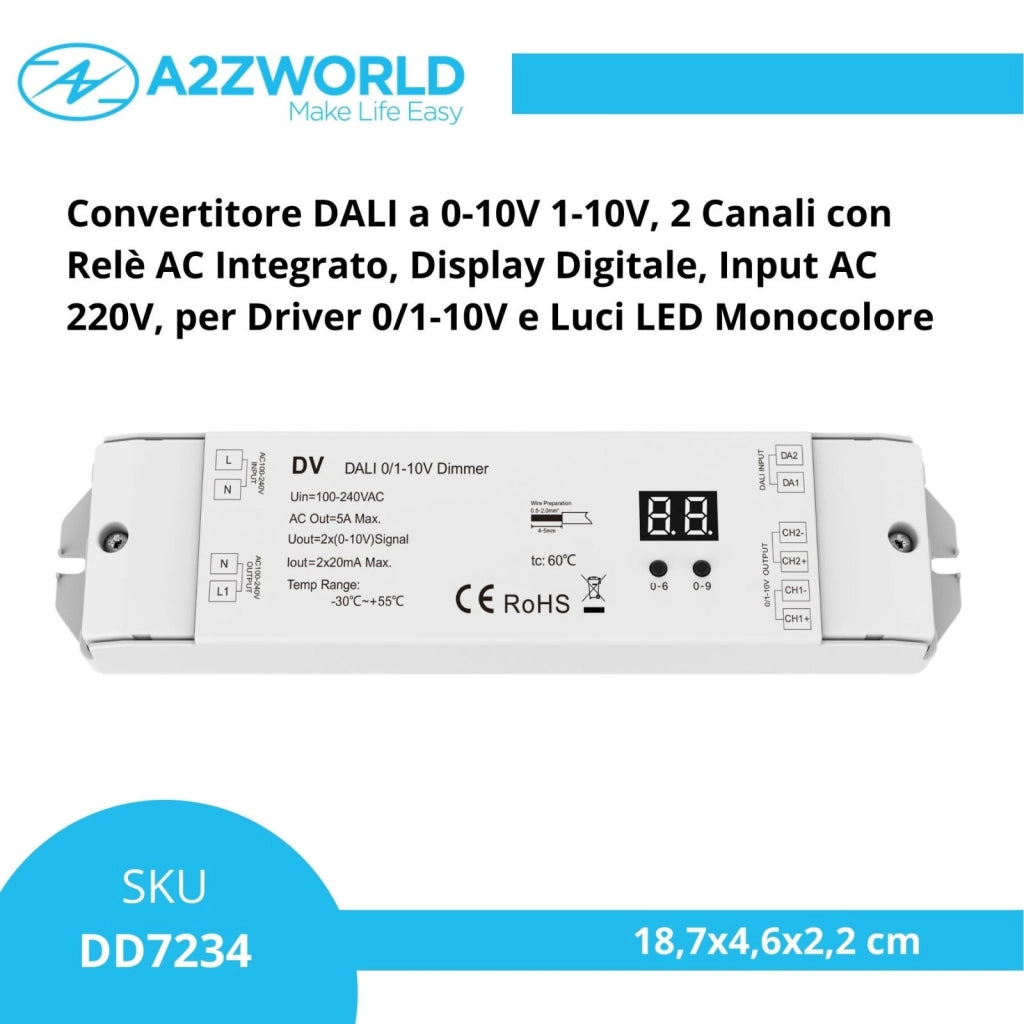 Convertitore DALI a 0-10V 1-10V, 2 Canali con Relè AC Integrato, Display Digitale, Input AC 220V, per Driver 0/1-10V e Luci LED Monocolore