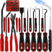 Set di attrezzi a gancio e clip con 17 pezzi, manico di rimozione clip automatico, tirapunti a chiodo, set di attrezzi meccanici per rimozione cerchioni oleodinamici/O-ring, raschiatore di guarnizione telescopico (rosso)