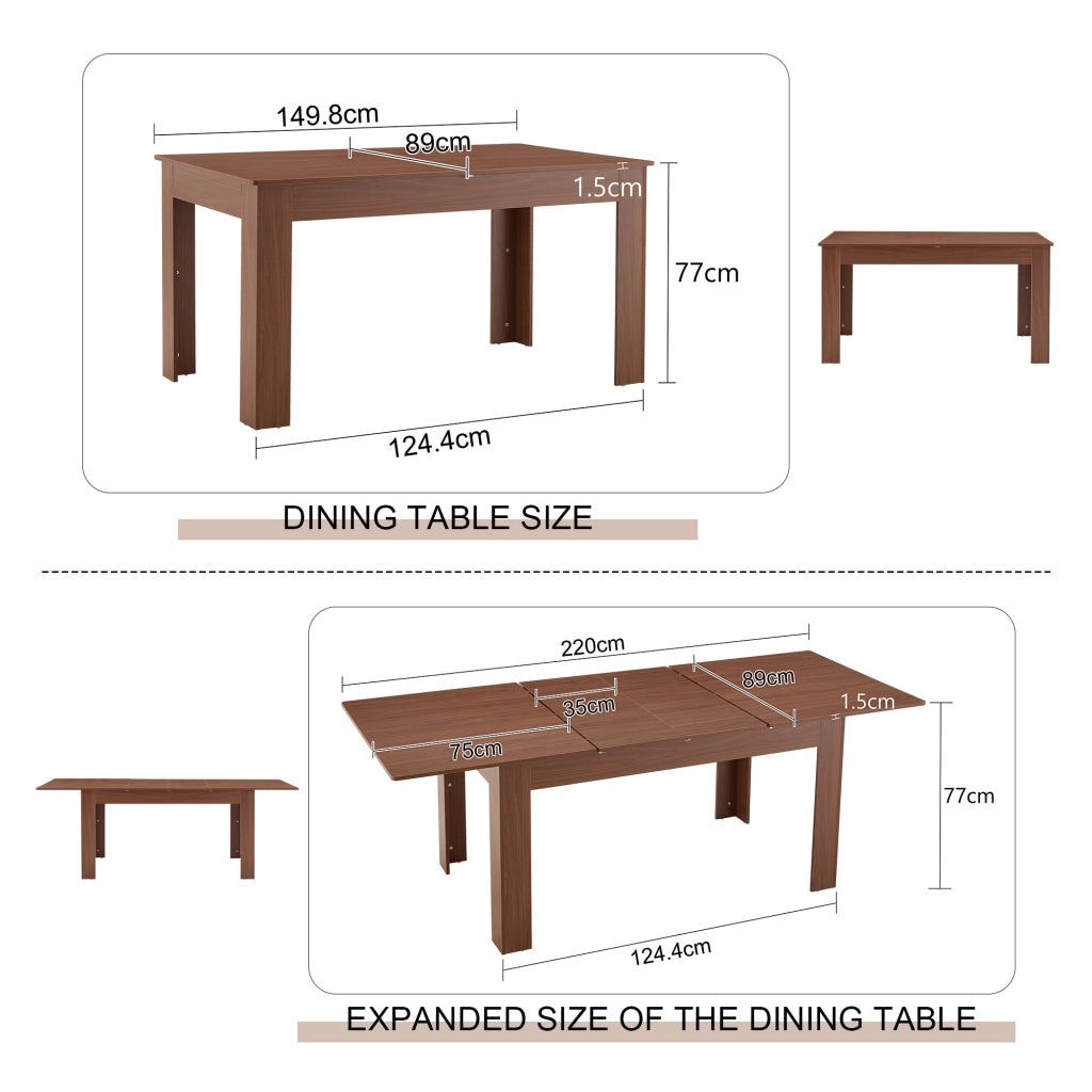 Tavolo da pranzo allungabile con 2 allunghe in MDF e finitura noce, per cucina e soggiorno 220 × 88,5 × 77 cm