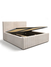 Letto contenitore ELORIA 160x200 in tessuto bouclé beige con testiera capitonnata e rete inclusa