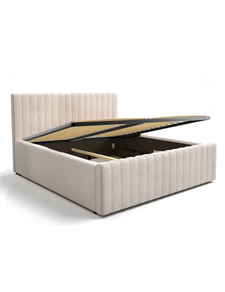 Letto contenitore ELORIA 160x200 in tessuto bouclé beige con testiera capitonnata e rete inclusa