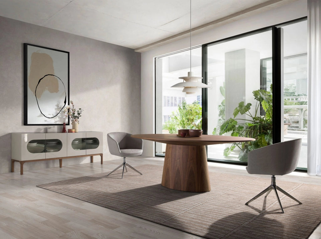 Credenza in legno grigio e noce con illuminazione interna