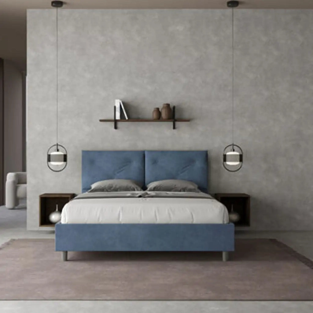 Letto matrimoniale con rete imbottito 160x200 microfibra blu Appia