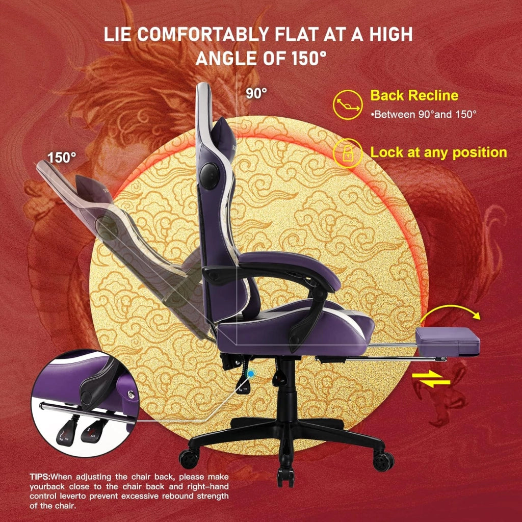 Sedia Gaming Ergonomica Poltrone con Altoparlanti Bluetooth e Poggiapiedi Sedia Gamer Reclinabile Serie Dragon Sedia Ufficio con Poggiatesta e Cuscino Lombare per Lavoro e Gioco Viola