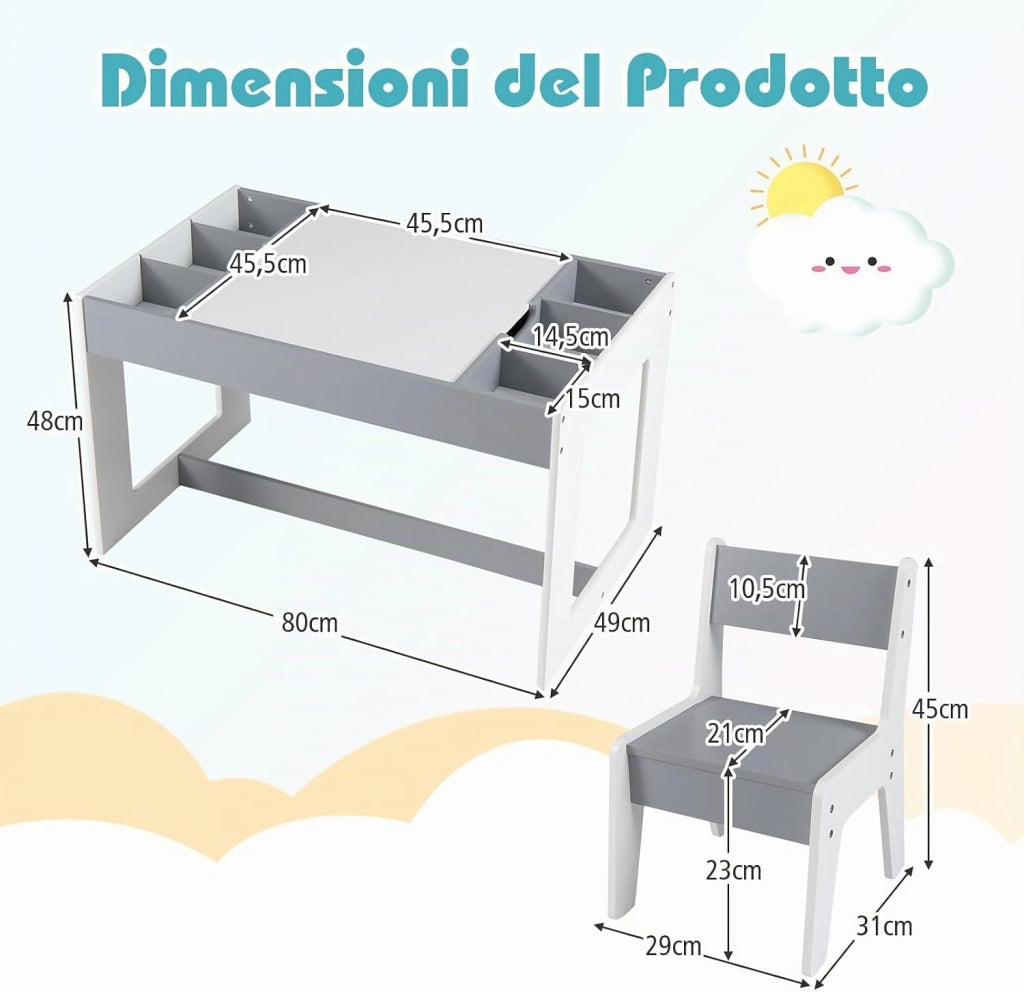 Set Tavolo Multifunzionale per Bambini e 2 Sedie, Tavolo e Sedie in Legno con Piano Doppio Rimovibile, Lavagna Nera & Lavagna Bianca, Compartimenti Laterali con Divisori Staccabili (Grigio)