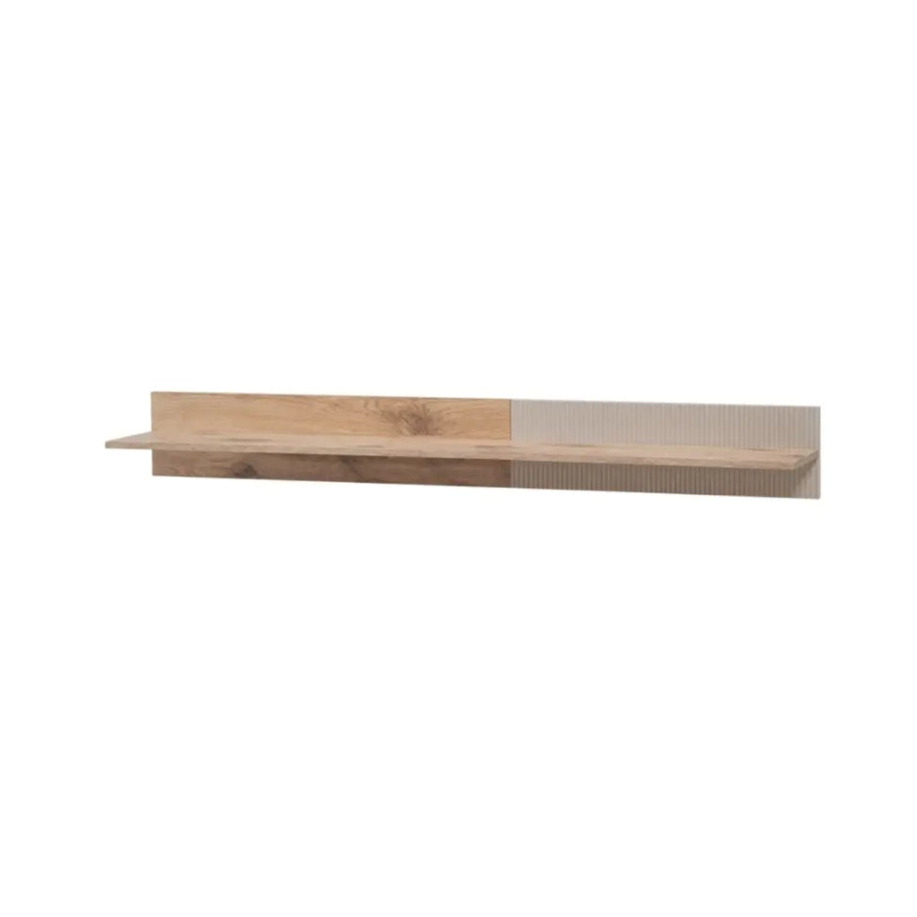 Set completo per il soggiorno ERINA – Credenza bassa, Credenza alta, Vetrina, Mobile TV, Mensola da muro – Rovere chiaro e beige
