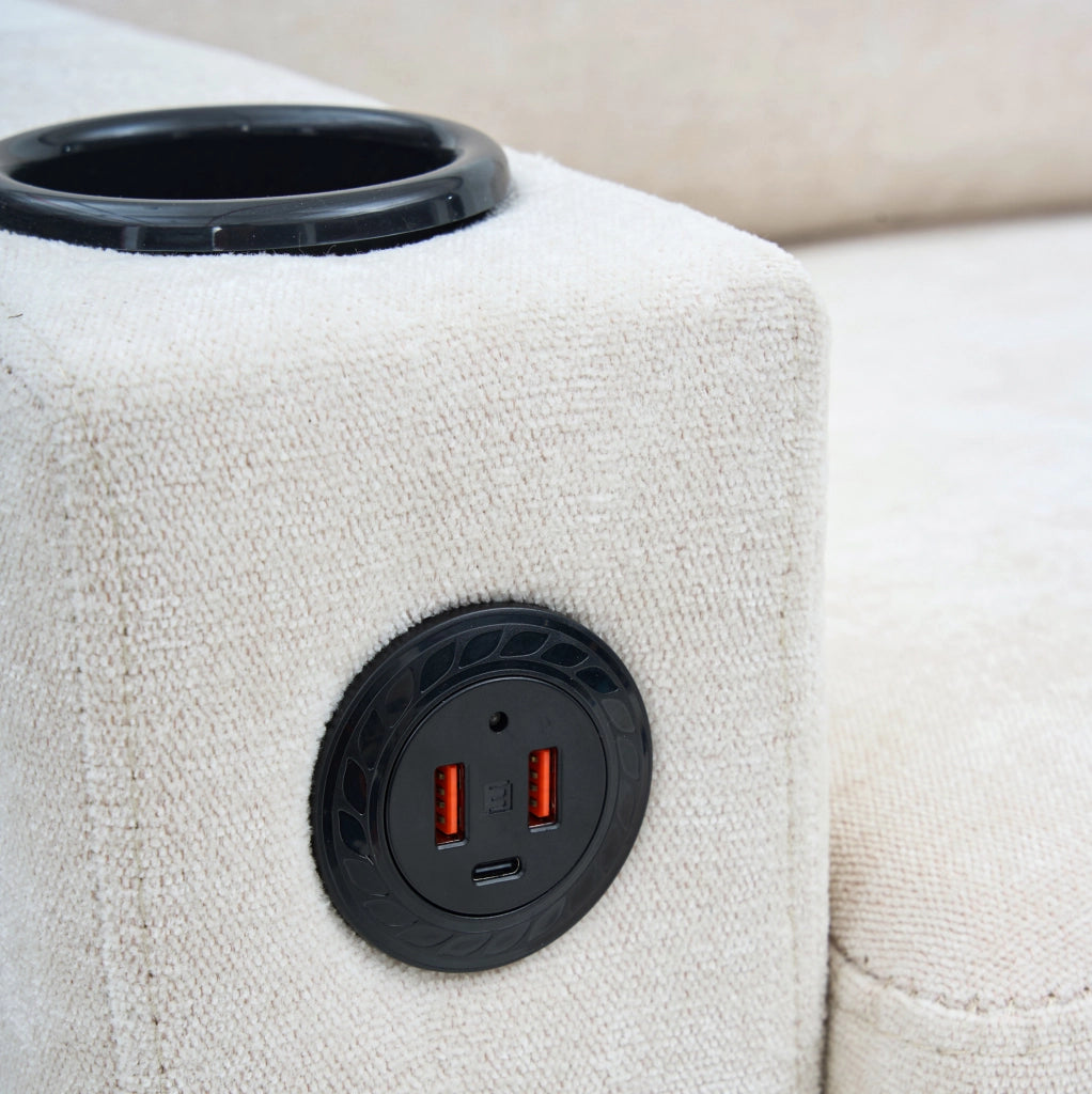 Divano angolare imbottito con porte USB e Type-C, portabicchieri e tasche laterali