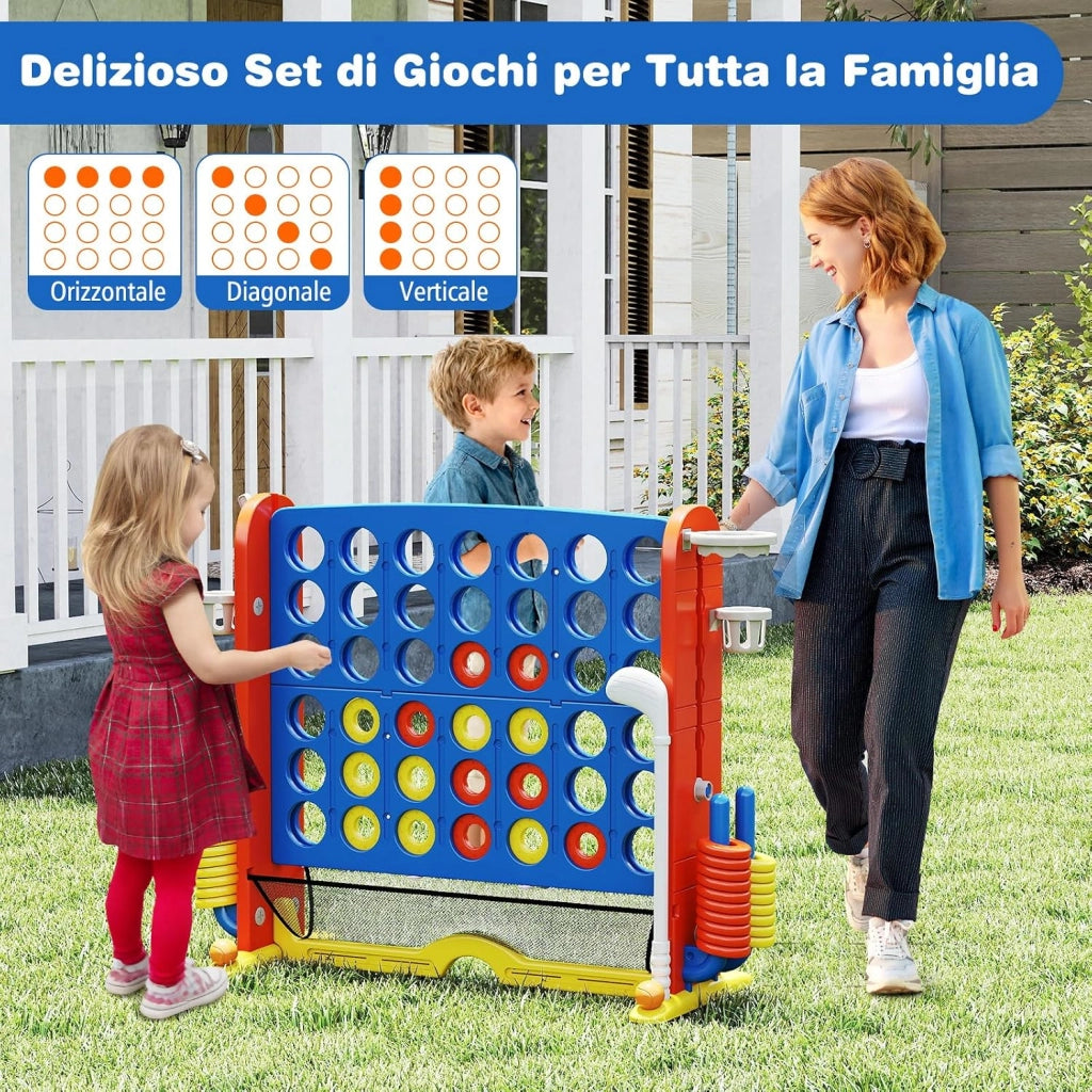 4 in 1 Forza 4 Gigante, Set di Gioco 4 in Fila con Lancio degli Anelli, Canestro da Basket, Palla, Mazza da Golf, Porta Bicchieri, Borsa e Tasca a Rete, Forza 4 Regolabile in Altezza (Blu)