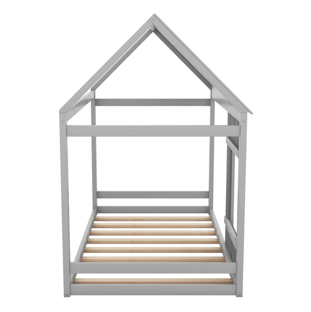 Letto per bambini 90x200 cm a forma di casa con tetto e finestra; legno; grigio