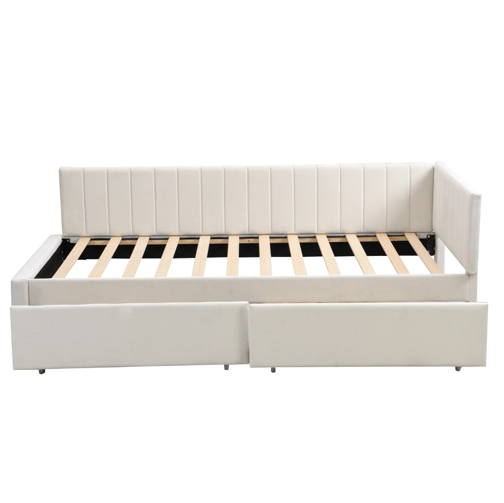 Letto imbottito 90x200 cm con 2 cassetti e rete a doghe beige