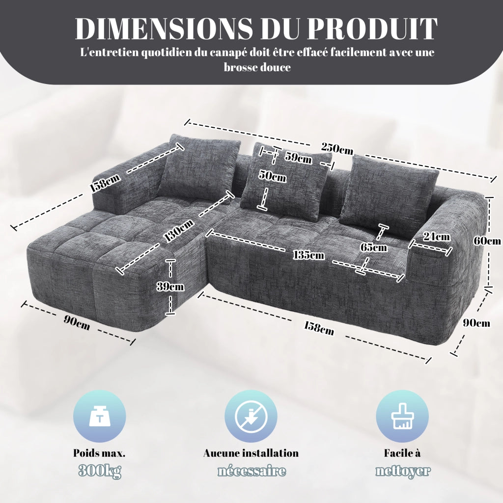OKWISH Divano Angolare 3 Posti Modulare, con Chaise Longue, Tasche Laterali e 3 Cuscini, Ciniglia, Grigio