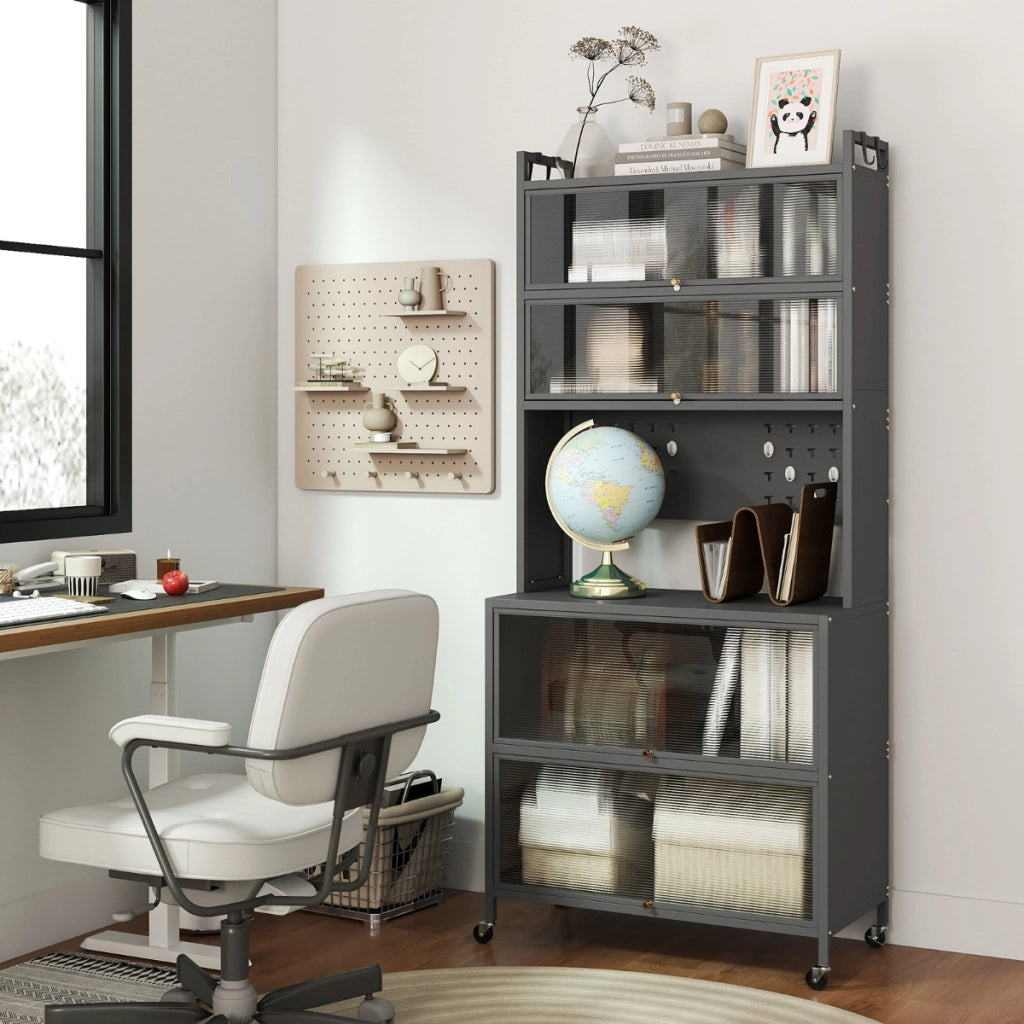 Armadio cucina 6 livelli buffet credenza, Porte ribalta supporto microonde pannello forato ganci Grigio-Credenze buffet