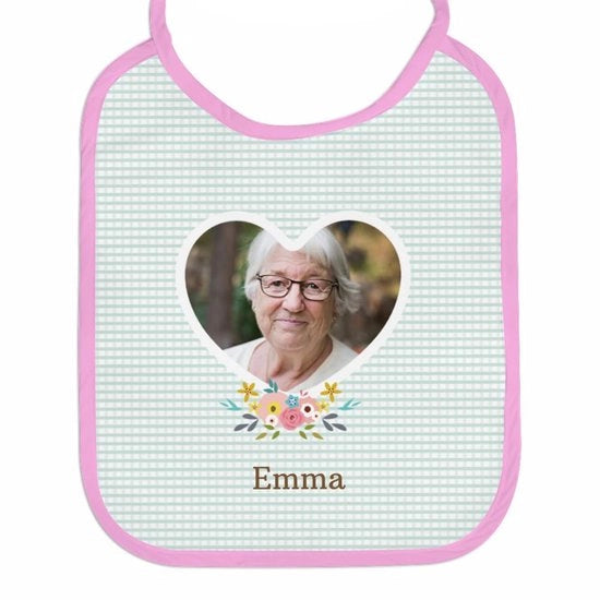 Slabbetje personalizzato per adulti con disegno di cuore e fiori, grande slabbetje bianco con possibilità di personalizzazione del nome e della foto, con cinturini per avvolgere intorno al collo, bordo rosa