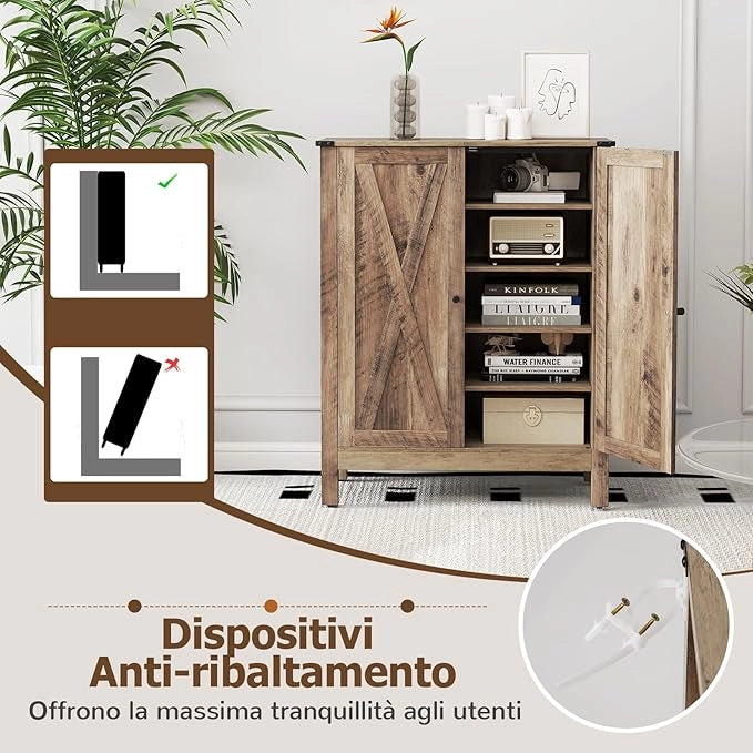 Armadio per Scarpe con Ante, Scarpiera in Legno da 6 Livelli in Stile Rustico con Ripiani Regolabili, per Ingresso Corridoio e Soggiorno, 80x35,5x100 cm (Marrone)