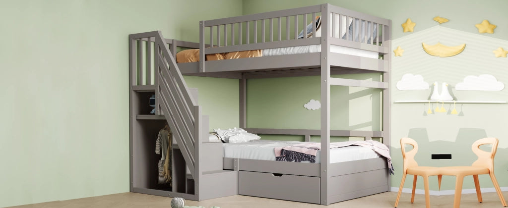 DESMIU Letto a castello 90 × 200 cm 2 posti con scala contenitore e cassetto, senza materasso, in legno, grigio